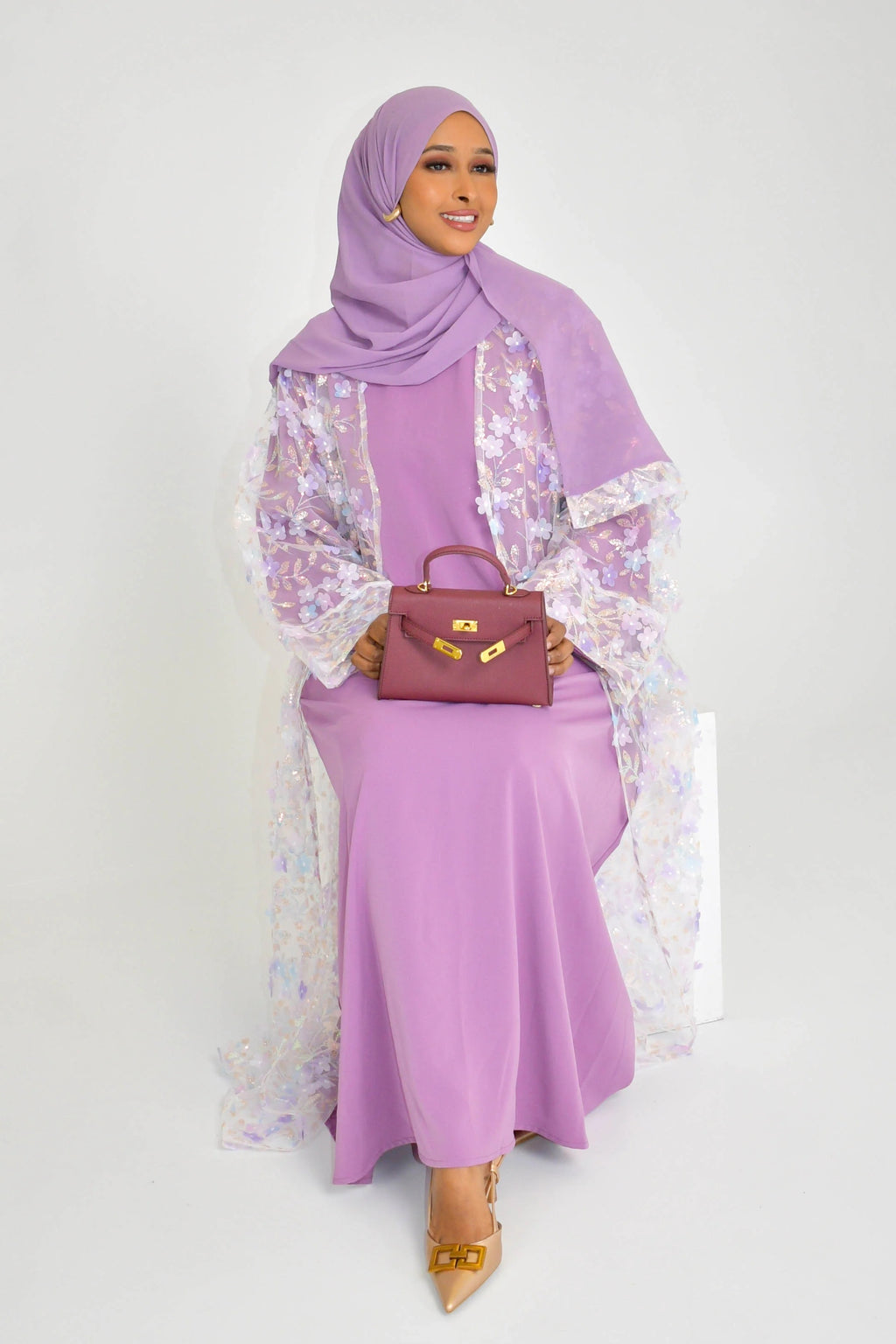 Hand-Beaded Floral Open Abaya Three-Piece Set with Matching Inner Dress & Hijab-Purple