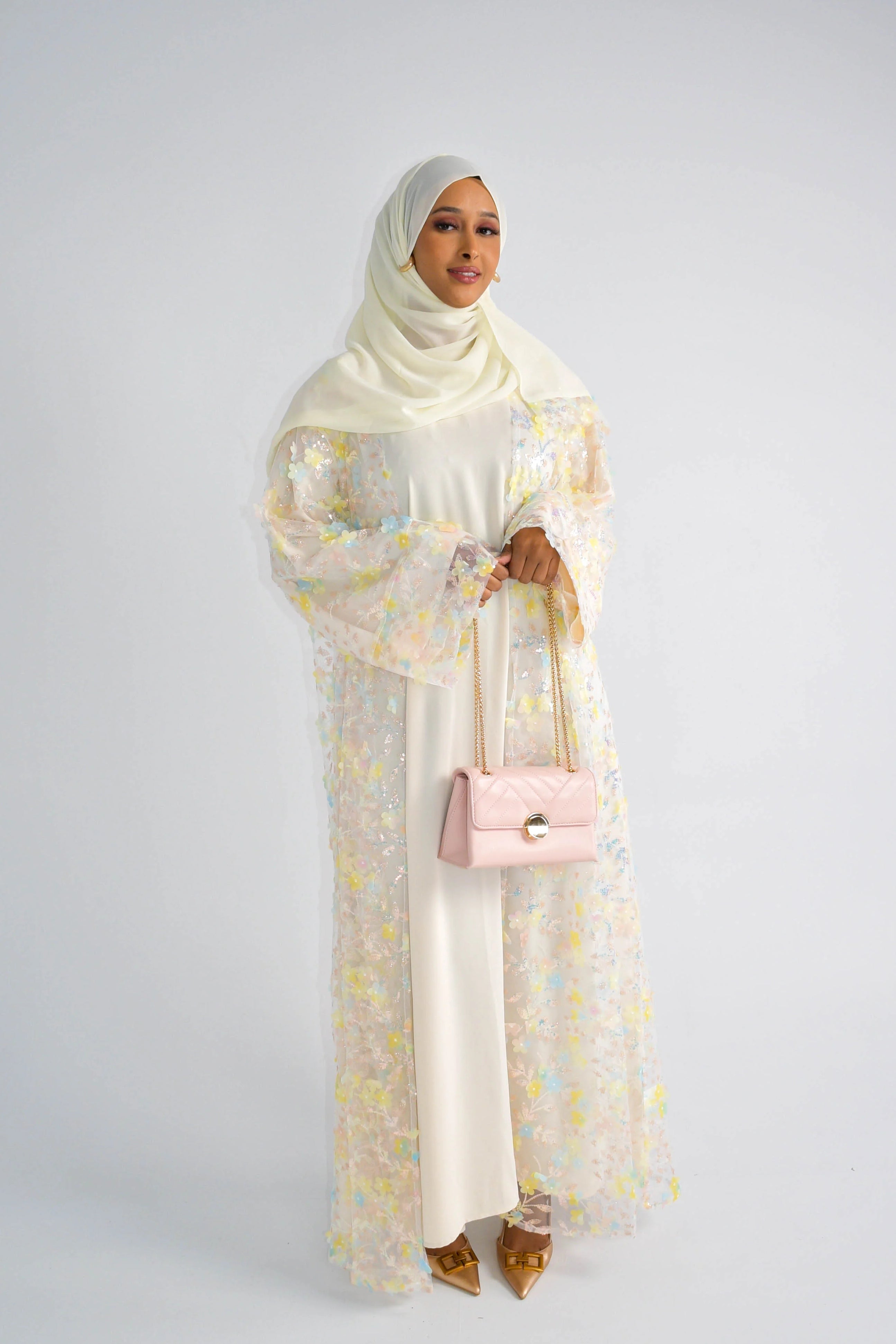 Hand-Beaded Floral Open Abaya Three-Piece Set with Matching Inner Dress & Hijab-Apricot