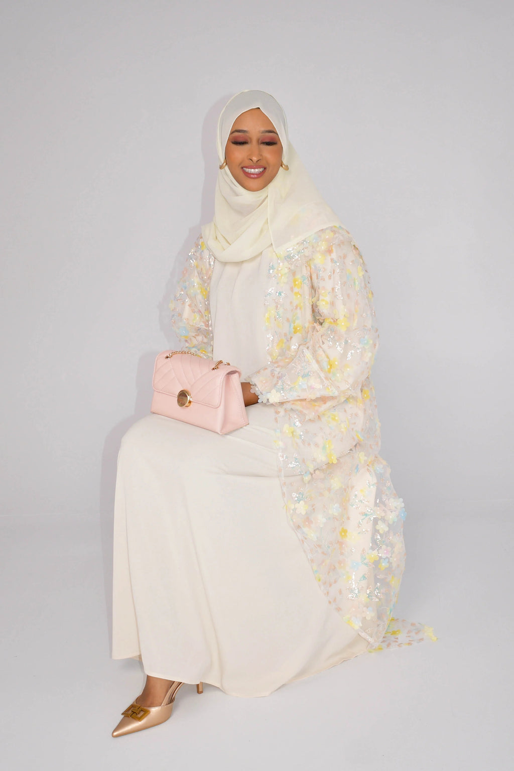 Hand-Beaded Floral Open Abaya Three-Piece Set with Matching Inner Dress & Hijab-Apricot