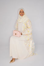Hand-Beaded Floral Open Abaya Three-Piece Set with Matching Inner Dress & Hijab-Apricot