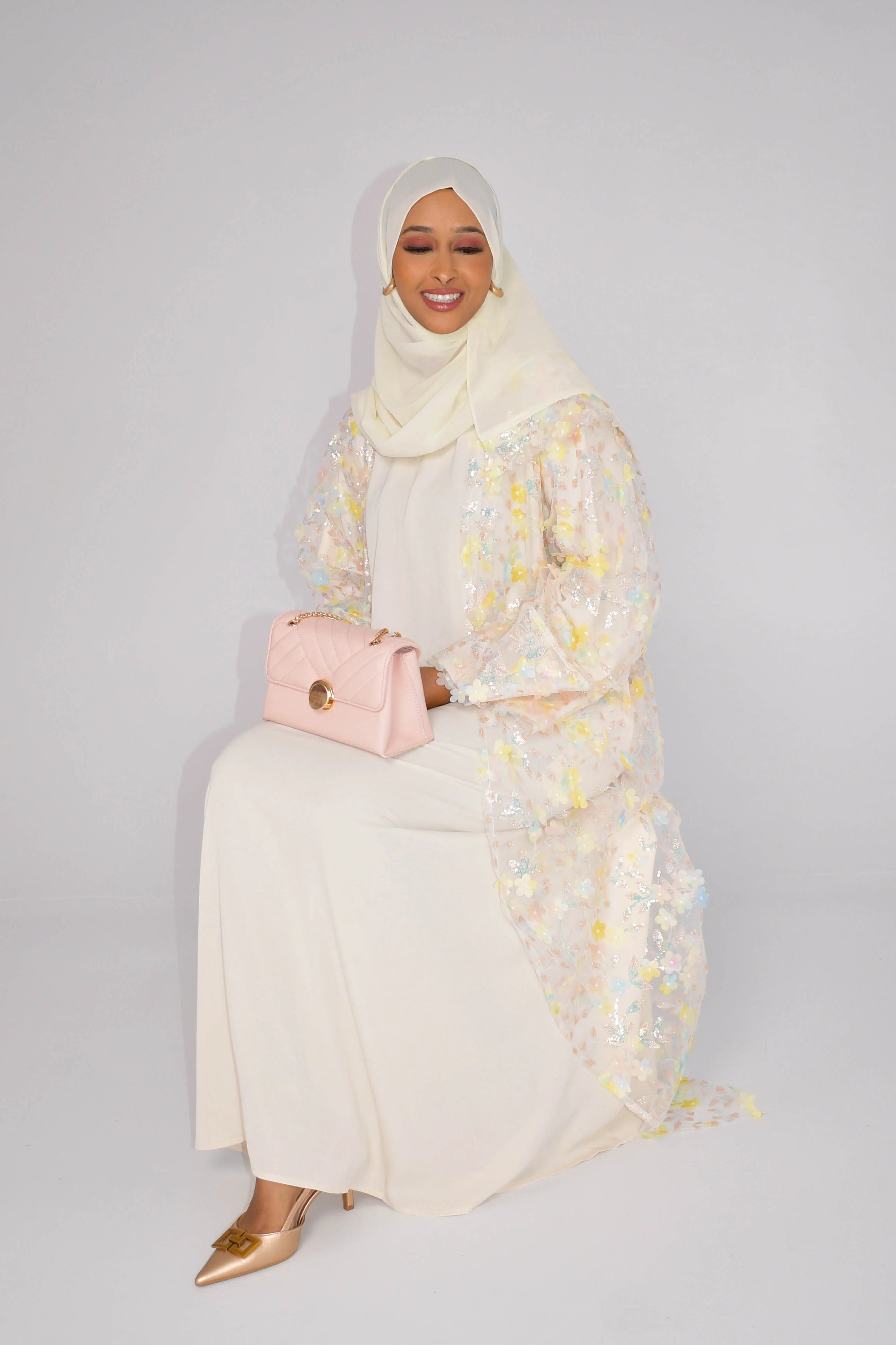 Hand-Beaded Floral Open Abaya Three-Piece Set with Matching Inner Dress & Hijab-Apricot