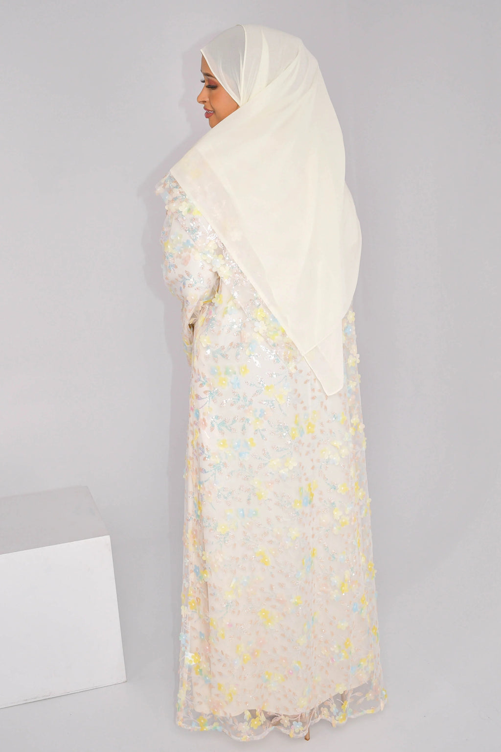 Hand-Beaded Floral Open Abaya Three-Piece Set with Matching Inner Dress & Hijab-Apricot