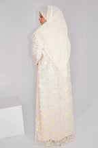 Hand-Beaded Floral Open Abaya Three-Piece Set with Matching Inner Dress & Hijab-Apricot