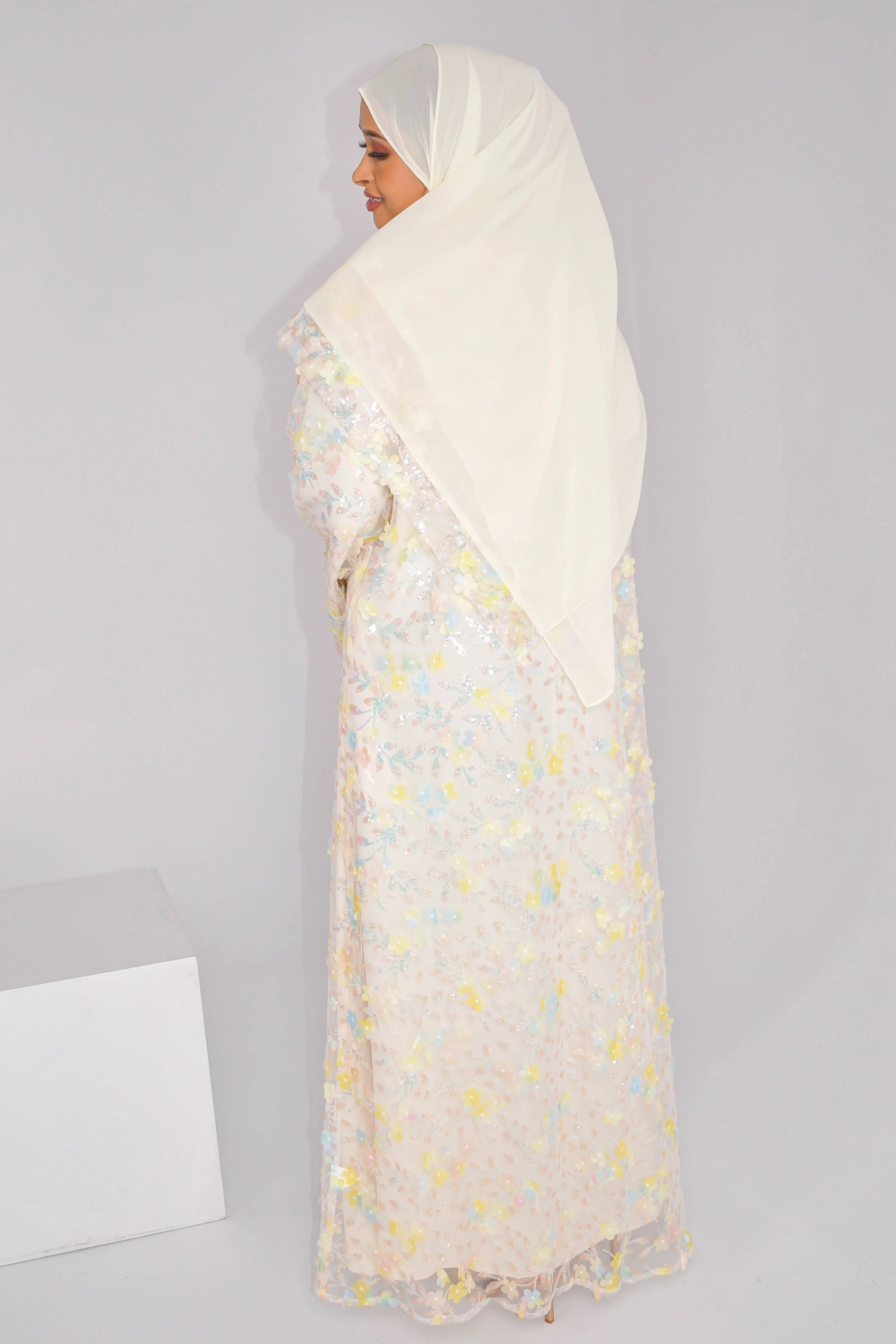 Hand-Beaded Floral Open Abaya Three-Piece Set with Matching Inner Dress & Hijab-Apricot
