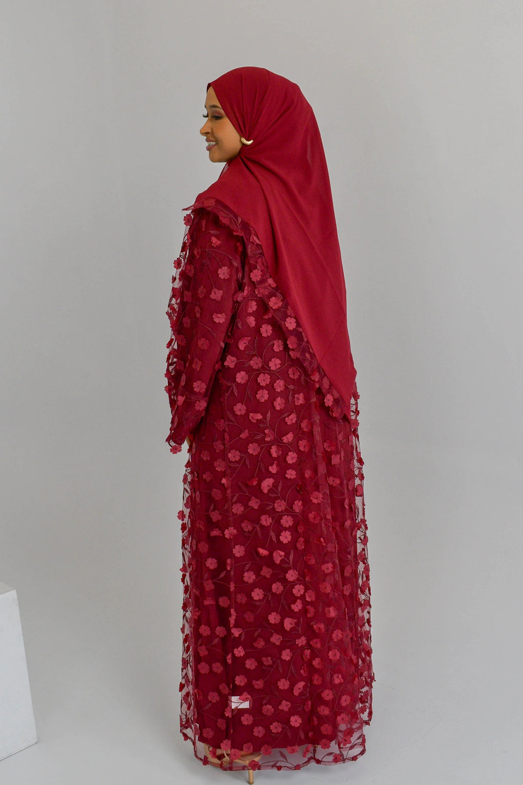 Hand-Beaded Floral Open Abaya Three-Piece Set with Matching Inner Dress & Hijab-Wine
