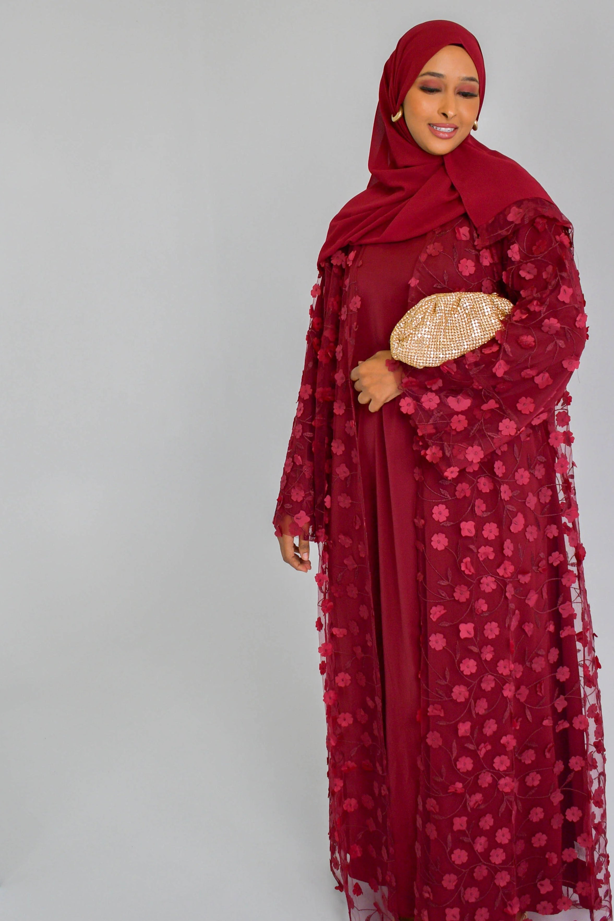 Hand-Beaded Floral Open Abaya Three-Piece Set with Matching Inner Dress & Hijab-Wine