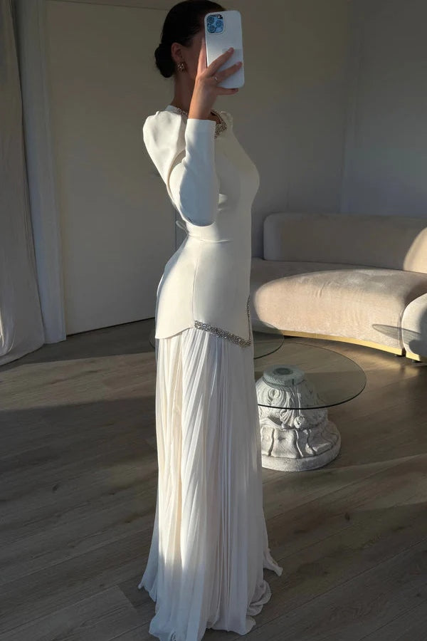 Emily Rhinestone Pleated Maxi Dress-White