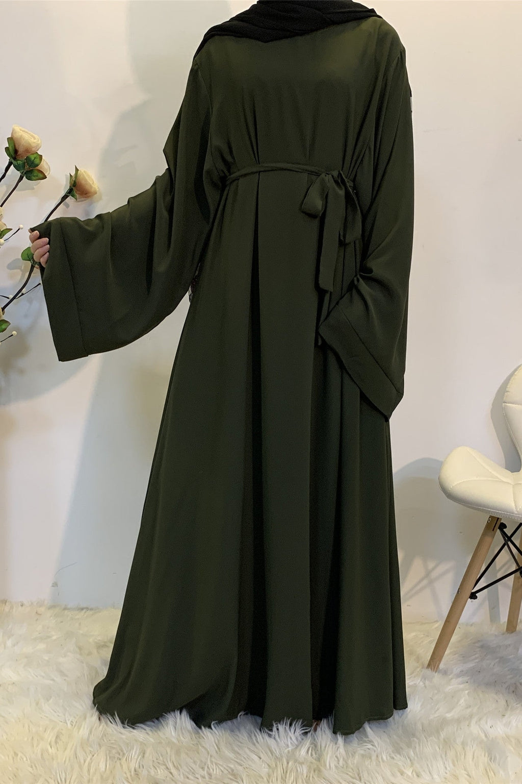 فستان واسع سادة برباط خصر أنيق-أخضر داكن