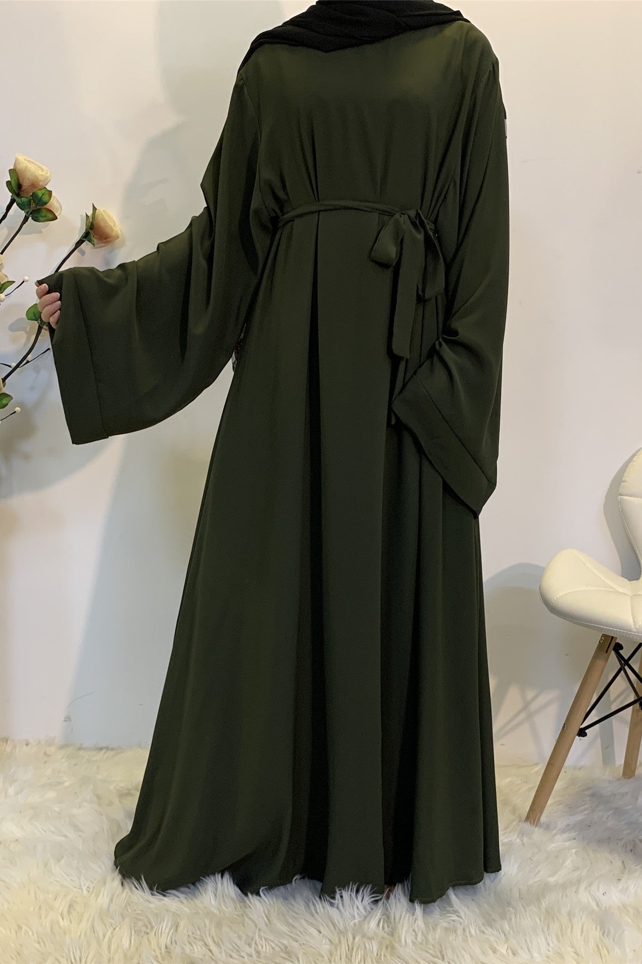 فستان واسع سادة برباط خصر أنيق-أخضر داكن
