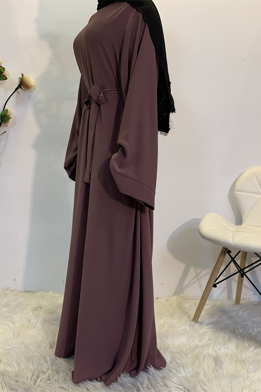 فستان سادة سائل برباط خصر أنيق ومحتشم - بنفسجي