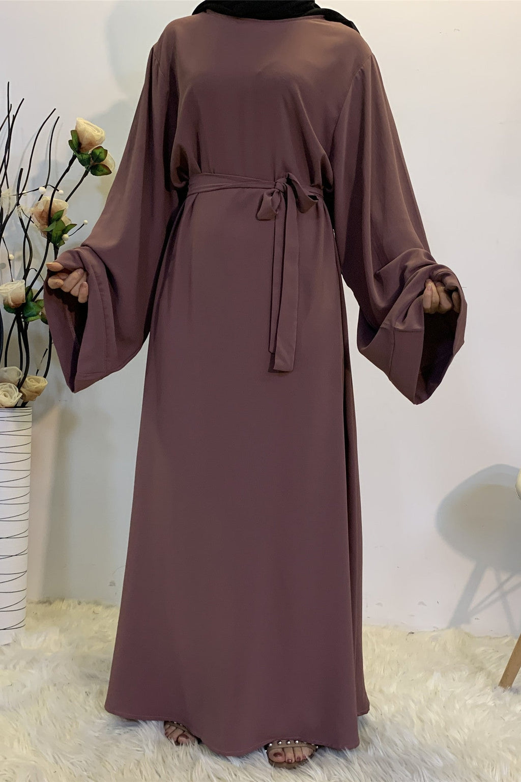 فستان سادة سائل برباط خصر أنيق ومحتشم - بنفسجي