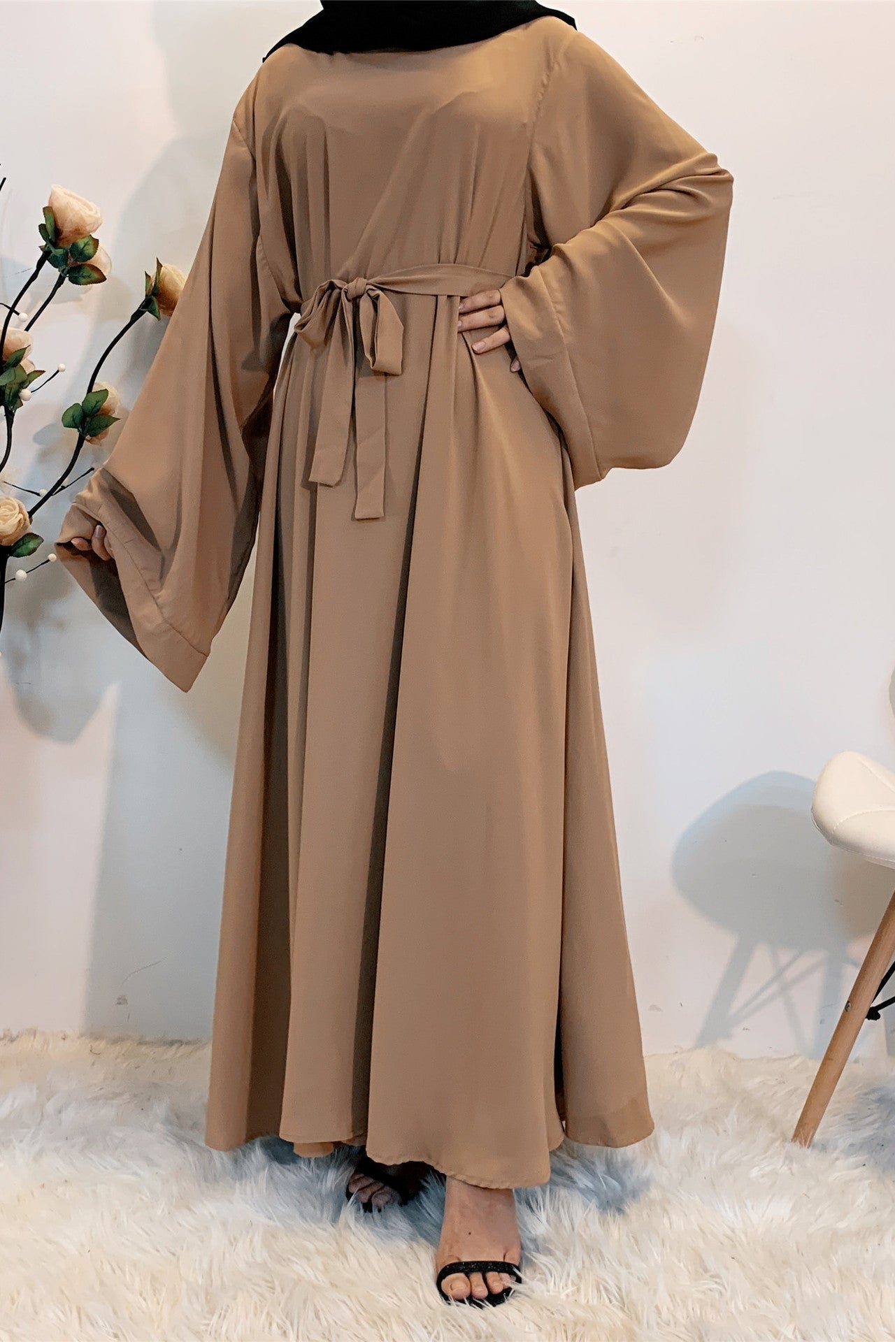 فستان محتشم سادة سائل برباط خصر-مشمشي