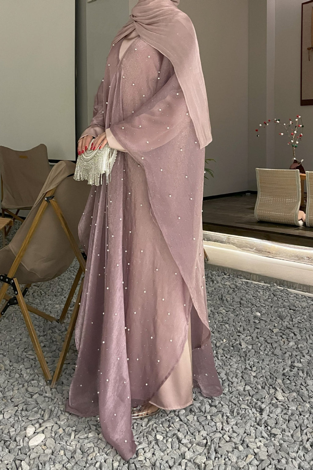 Nur Pearl Draped Two-Piece Abaya-Pink