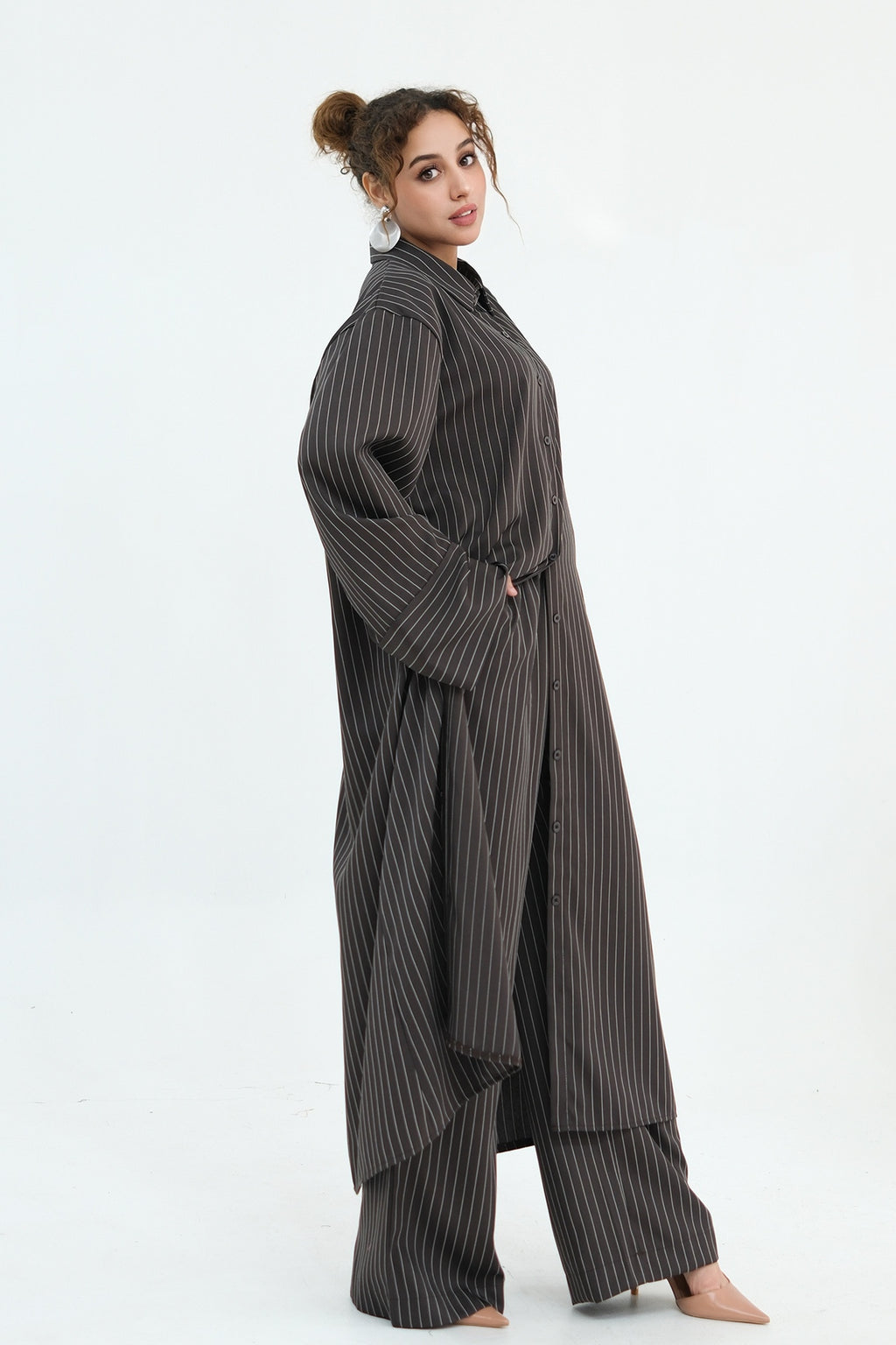 Muna Striped Shirt Long Two Piece Set-DarkGrey