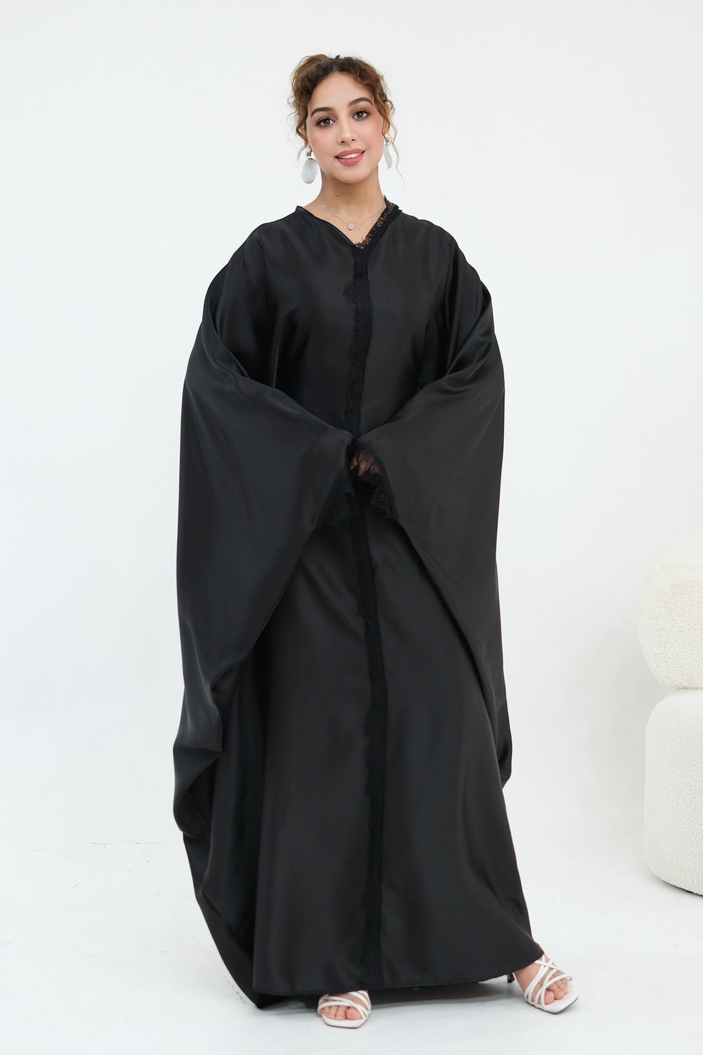 Sara Lace Trim Batwing Satin Abaya-Black