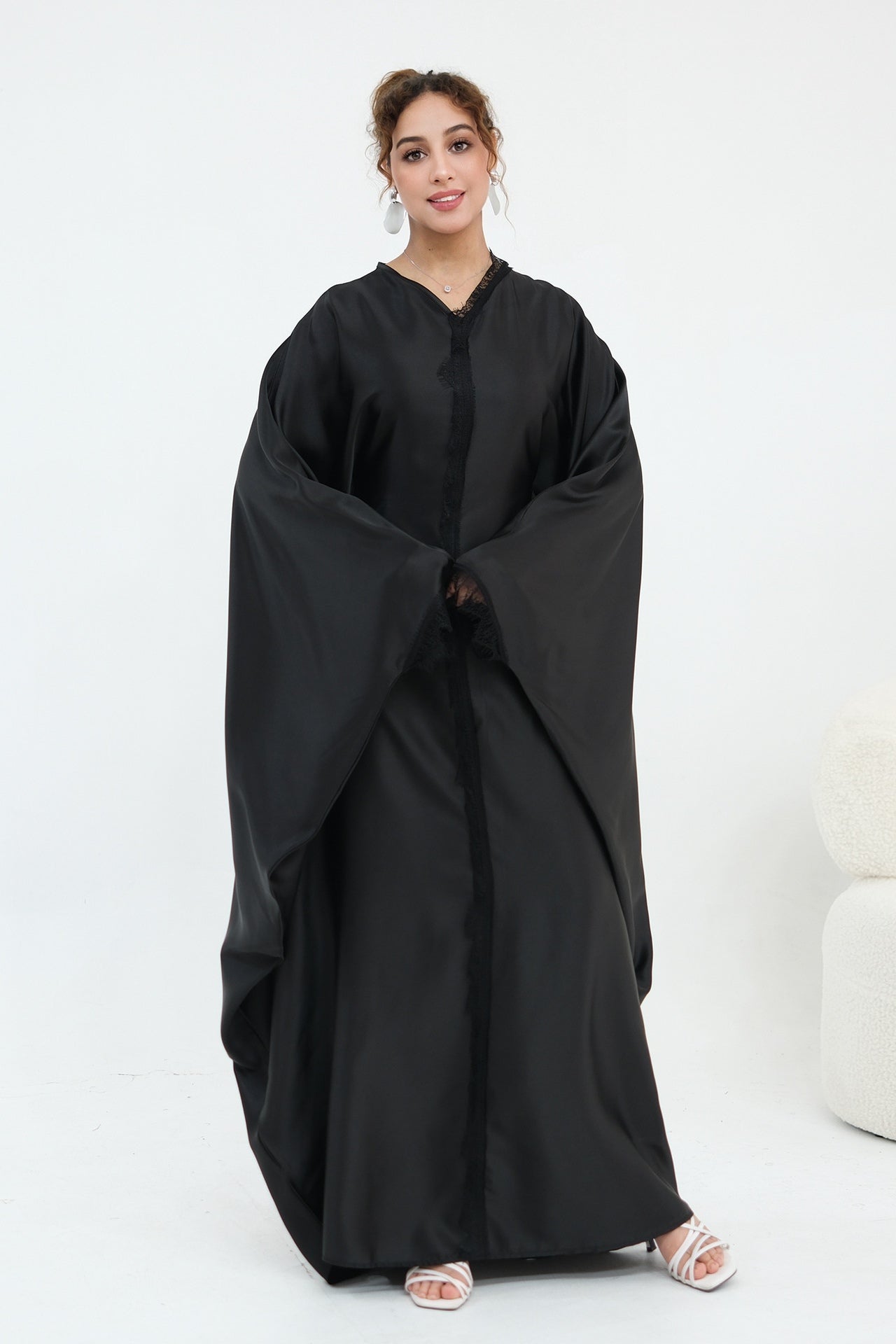 Sara Lace Trim Batwing Satin Abaya-Black