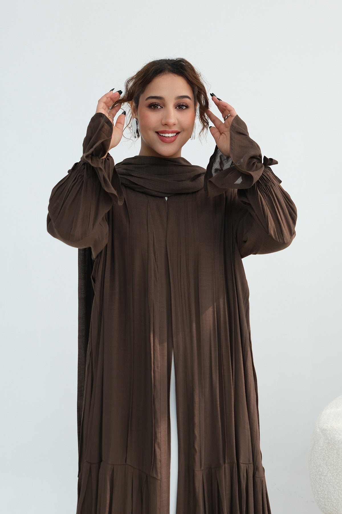 Rahma Tiered Flare Cuff Open Abaya-Coffee