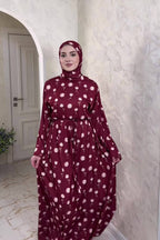 Rima Floral Print Tie Waist Abaya Hijab Set-Red