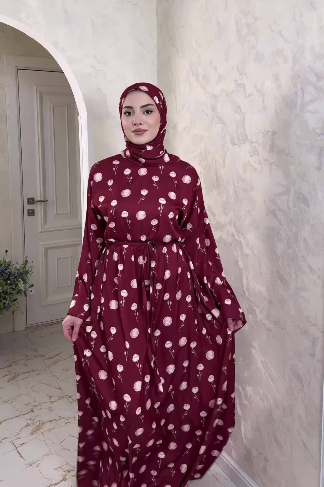 Rima Floral Print Tie Waist Abaya Hijab Set-Red