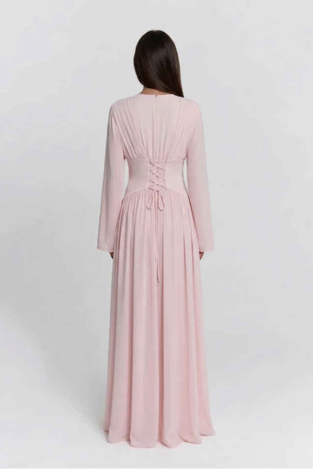 Iris Gathered Waist Flare Sleeve Maxi Dress-Pink