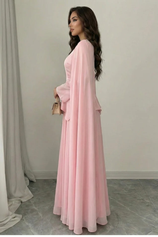 Sofia Peplum Cape Maxi Dress-Pink