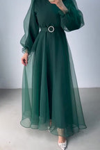 Tulle Overlay Modest Maxi Dress-Green