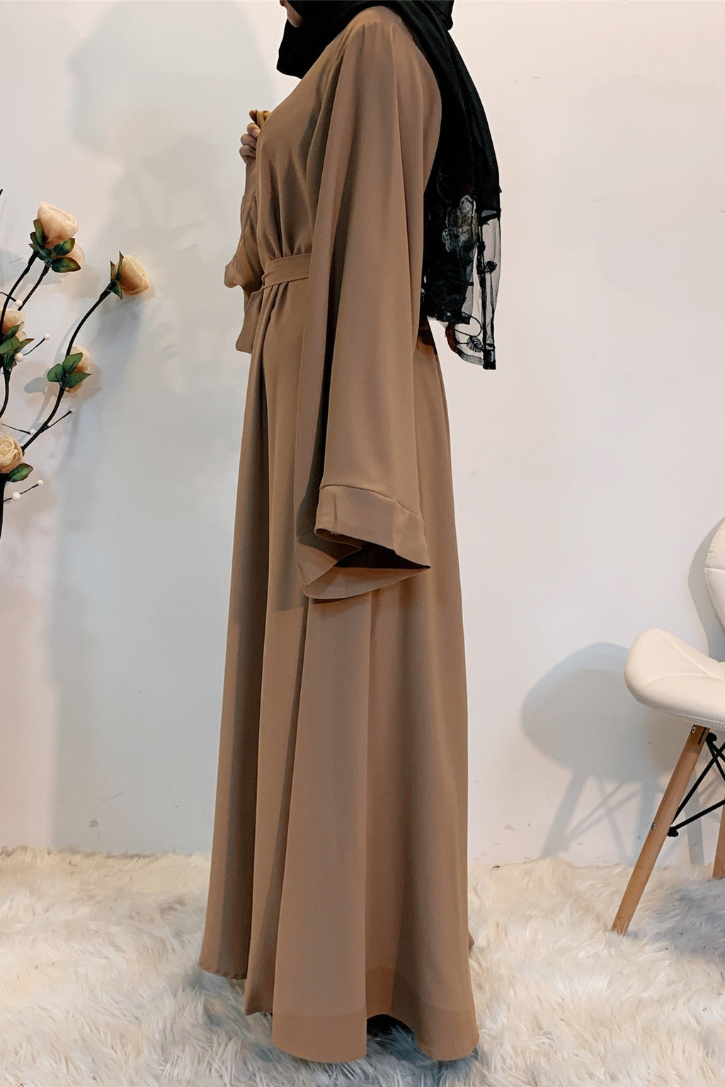 فستان محتشم سادة سائل برباط خصر-مشمشي