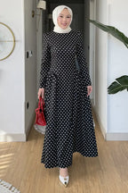 Luna Shoulder Puff Polka Dot Midi Dress-Black