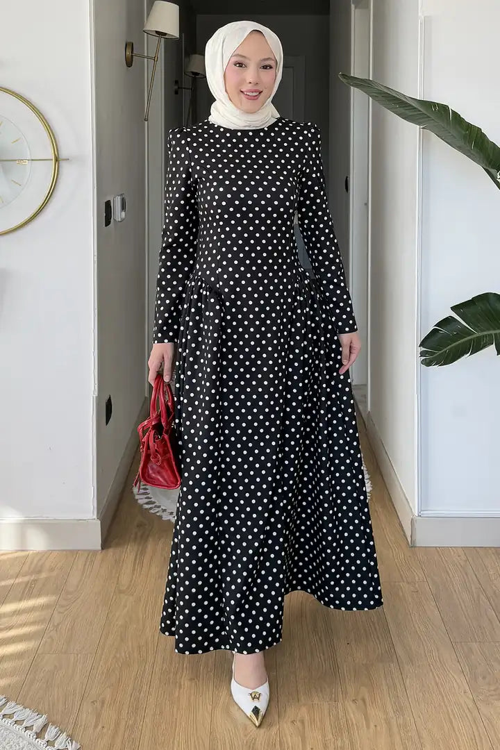 Luna Shoulder Puff Polka Dot Midi Dress-Black