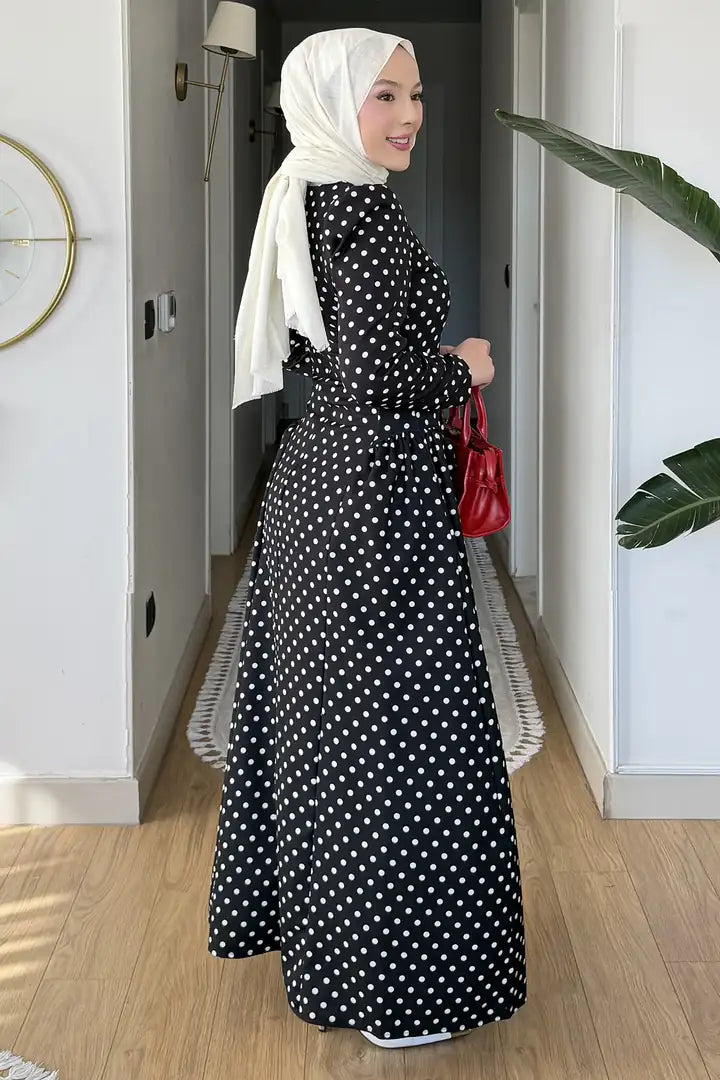 Luna Shoulder Puff Polka Dot Midi Dress-Black