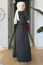 Luna Shoulder Puff Polka Dot Midi Dress-Black