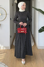 Luna Shoulder Puff Polka Dot Midi Dress-Black