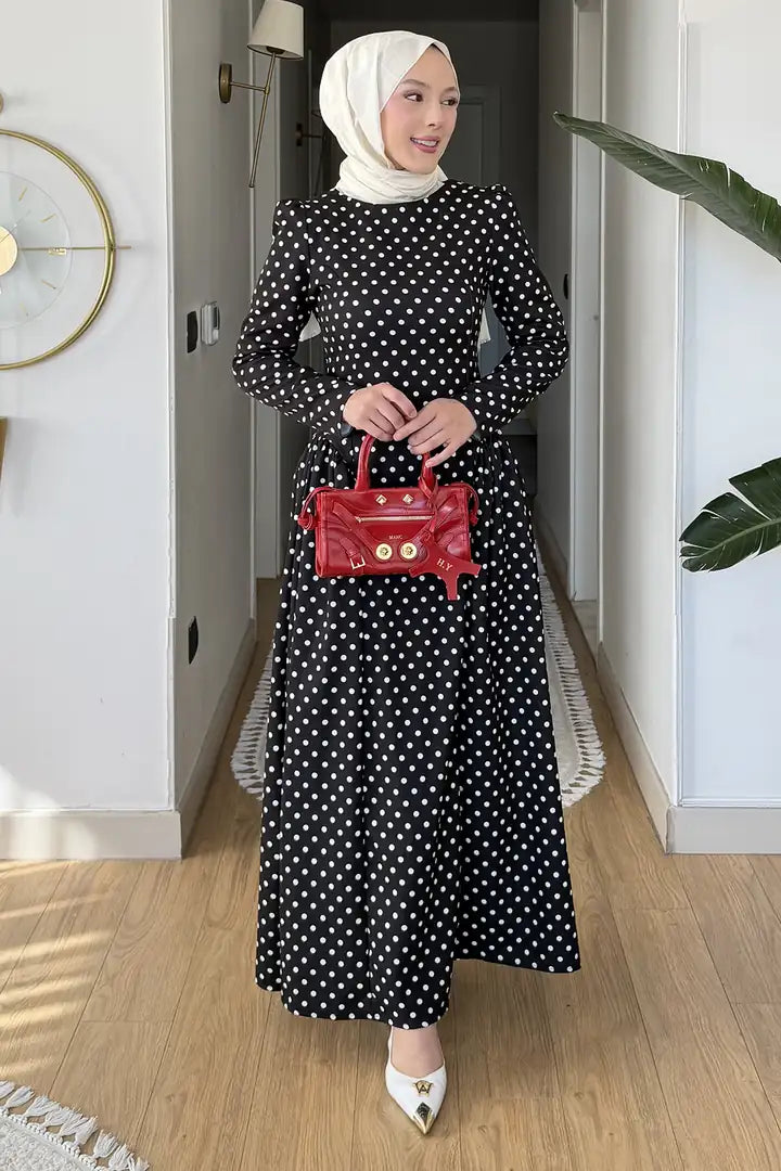 Luna Shoulder Puff Polka Dot Midi Dress-Black