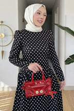Luna Shoulder Puff Polka Dot Midi Dress-Black