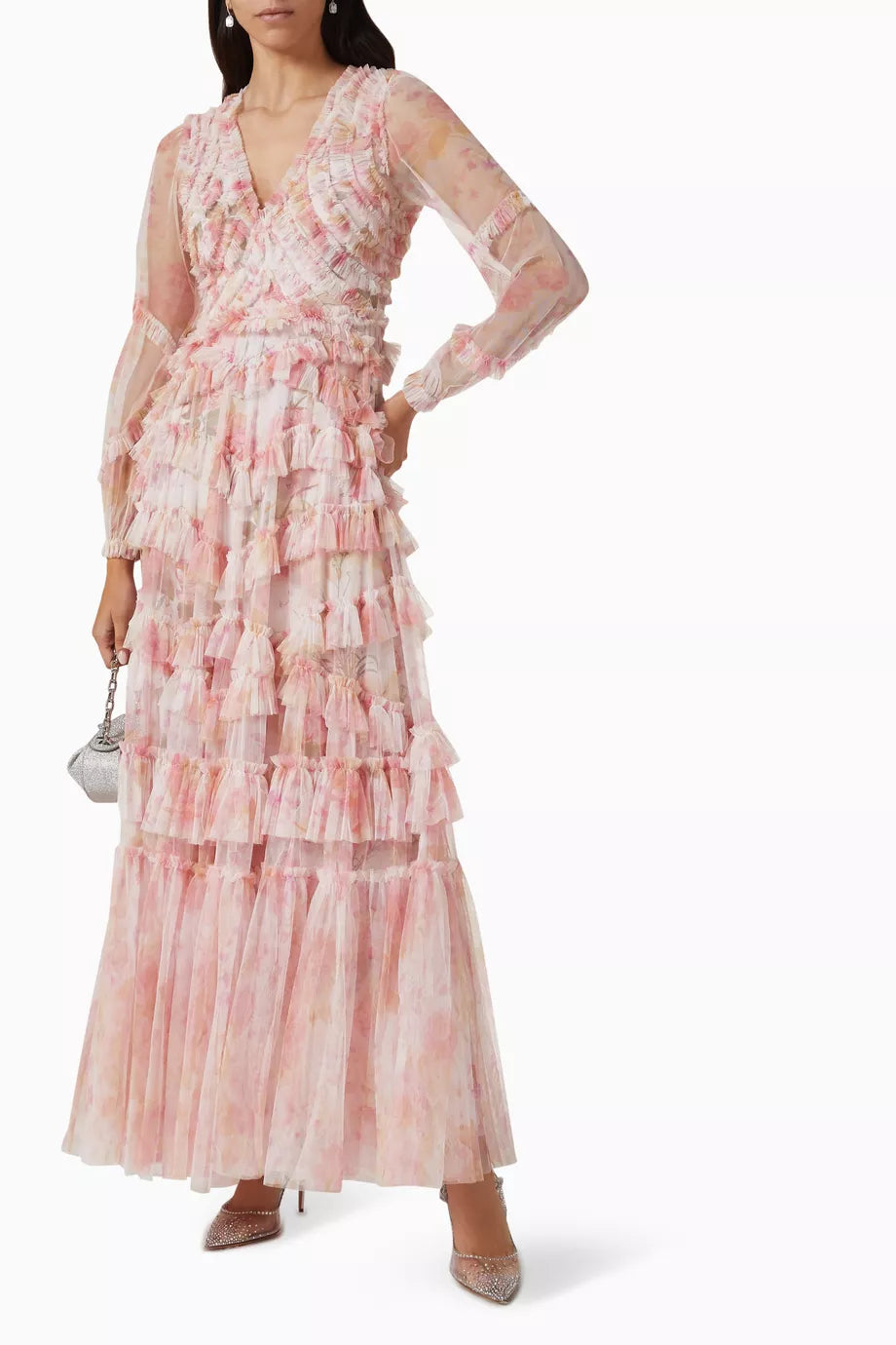 Intricate V-Neck Pleated Maxi Dress with Ruffled Hem and Puff Sleeves