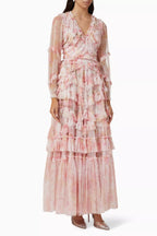 Intricate V-Neck Pleated Maxi Dress with Ruffled Hem and Puff Sleeves