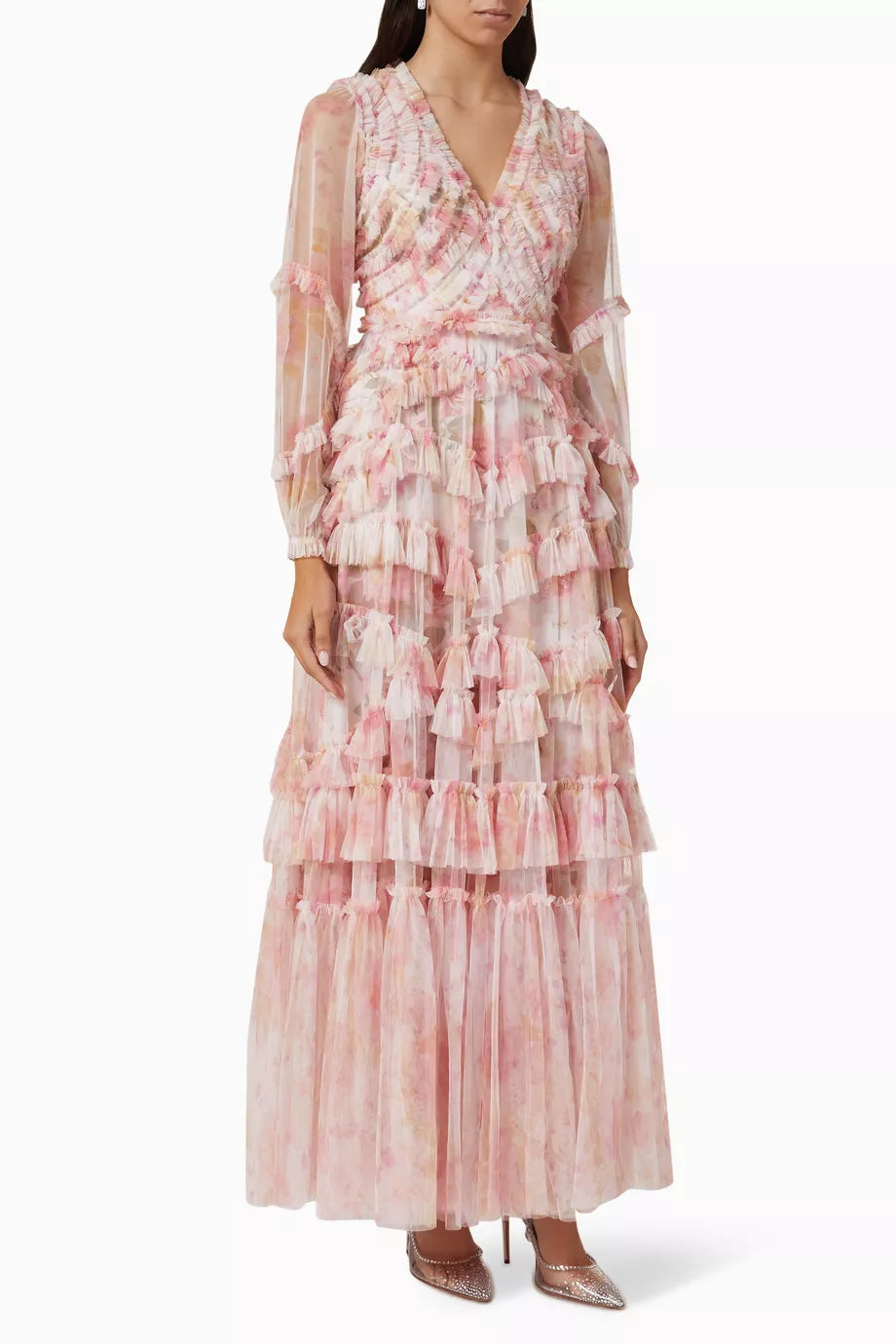 Intricate V-Neck Pleated Maxi Dress with Ruffled Hem and Puff Sleeves