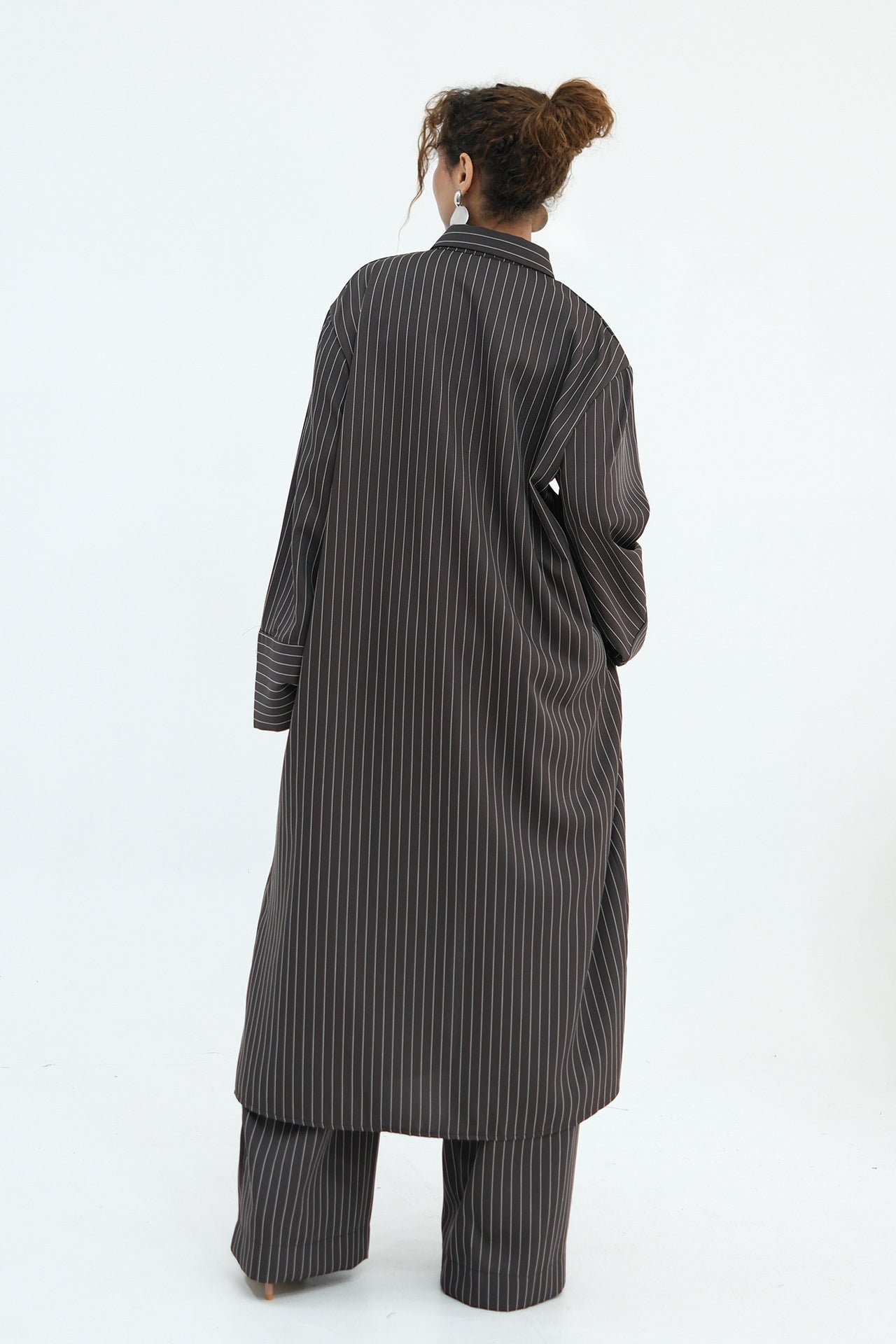 Muna Striped Shirt Long Two Piece Set-DarkGrey