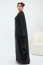 Sara Lace Trim Batwing Satin Abaya-Black