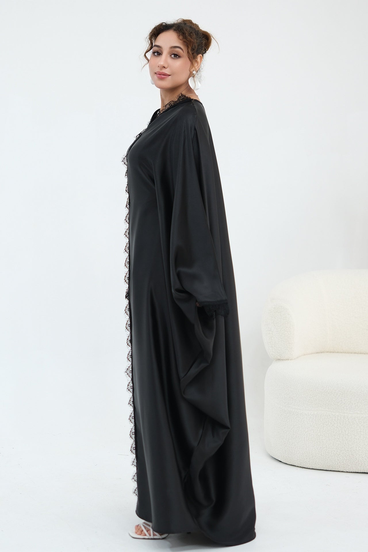 Sara Lace Trim Batwing Satin Abaya-Black