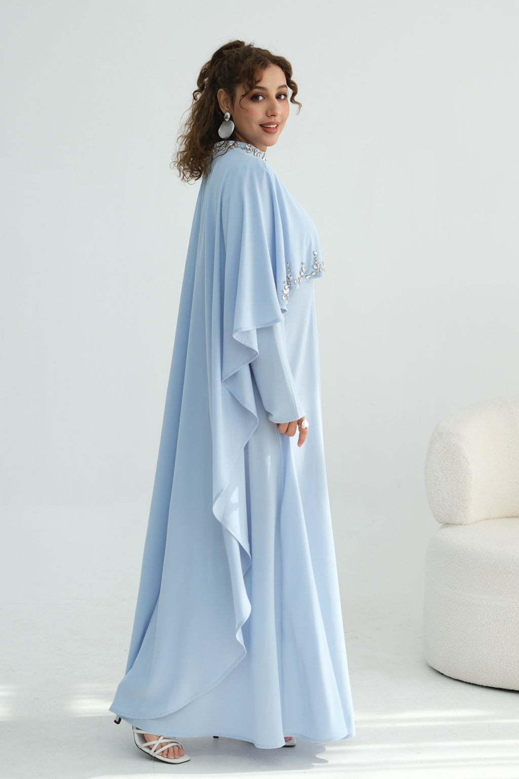 Maya Rhinestone Cape Layer Maxi Dress-Blue