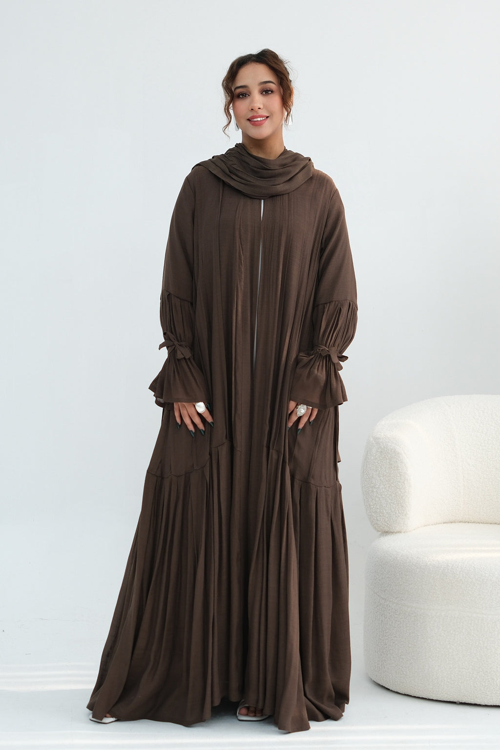 Rahma Tiered Flare Cuff Open Abaya-Coffee