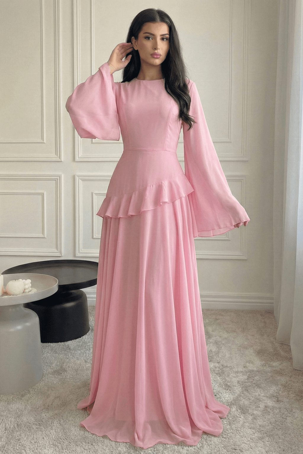 Elegant Luxury Lightweight Long Sleeve Maxi Dress-Pink