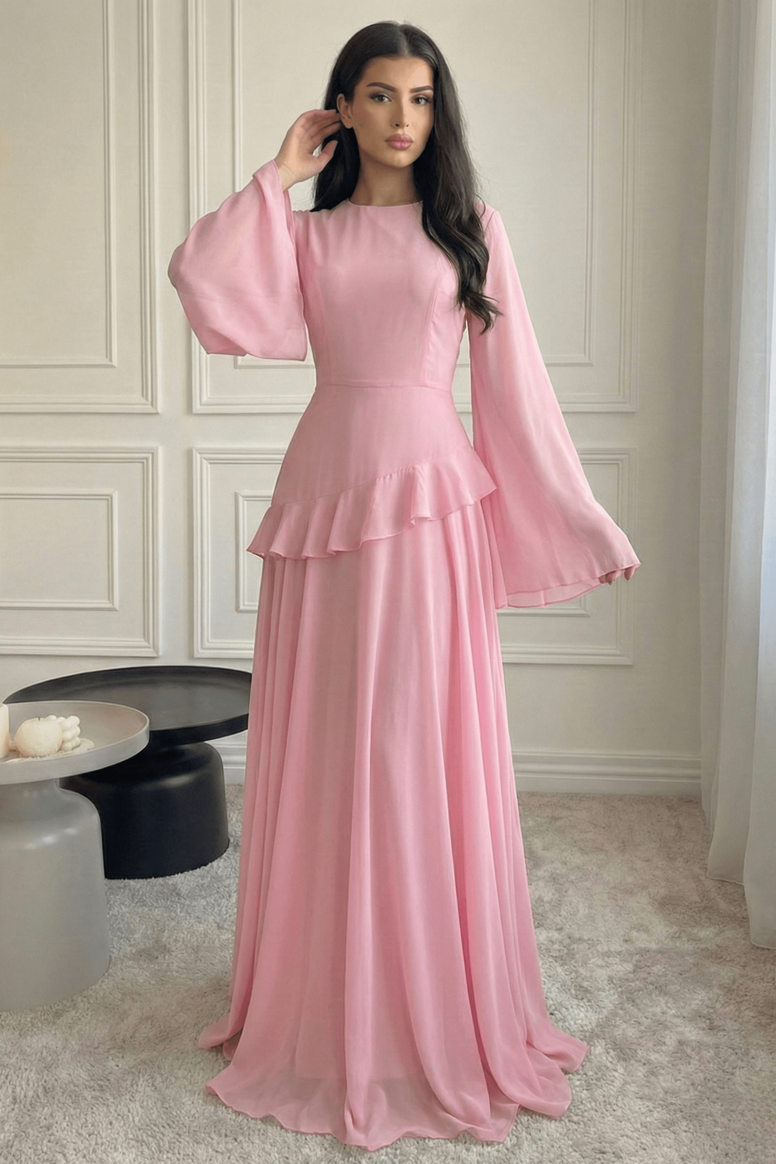 Elegant Luxury Lightweight Long Sleeve Maxi Dress-Pink
