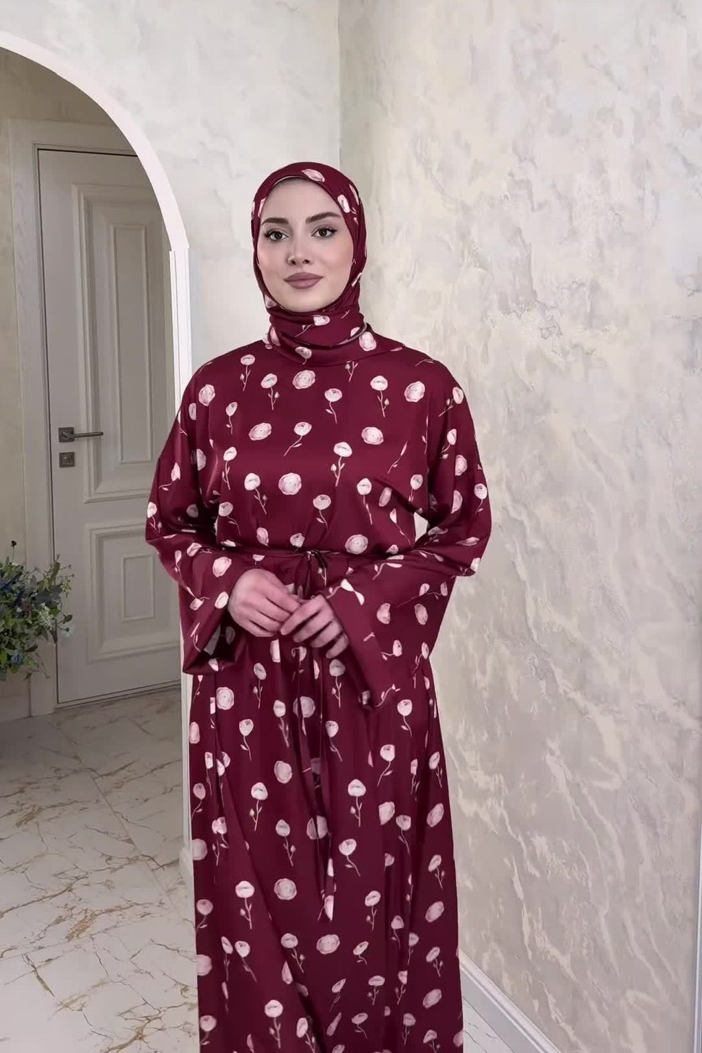 Rima Floral Print Tie Waist Abaya Hijab Set-Red