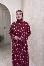 Rima Floral Print Tie Waist Abaya Hijab Set-Red