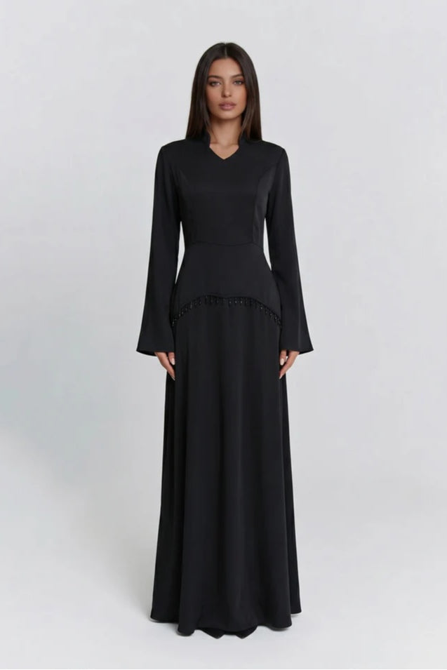Nur V Neck Beaded Two Piece Abaya-Black