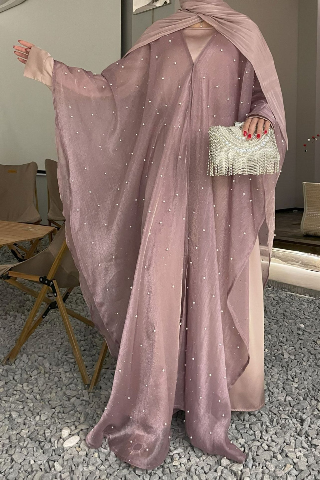 Nur Pearl Draped Two-Piece Abaya-Pink