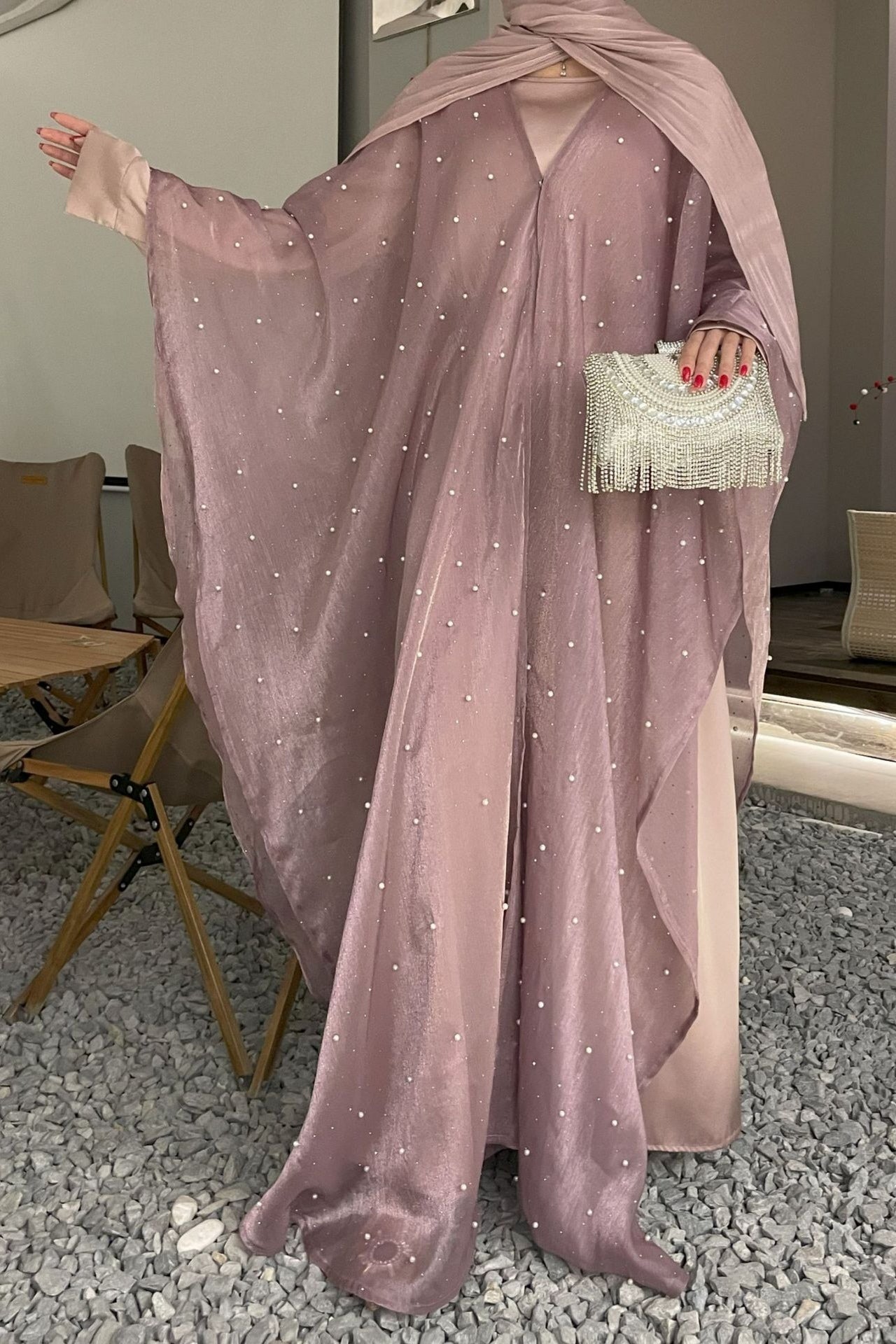Nur Pearl Draped Two-Piece Abaya-Pink