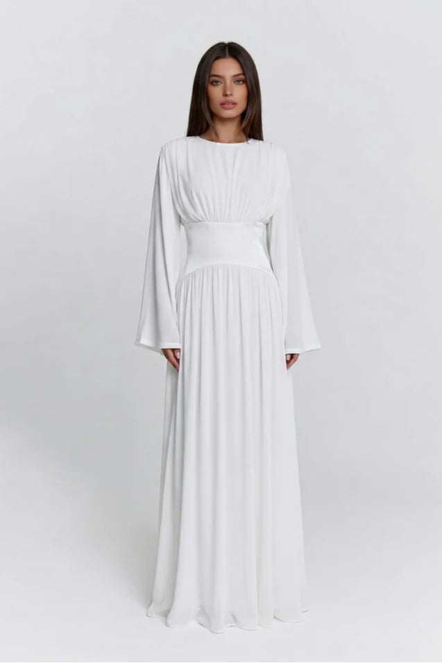 Iris Gathered Waist Flare Sleeve Maxi Dress-White